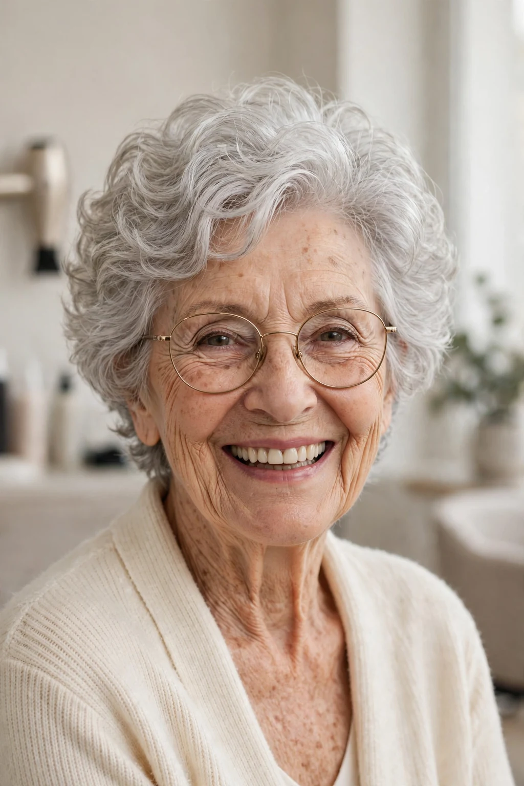 Elegant woman over 70 with glasses and bouncy short cut, soft full texture, joyful light.