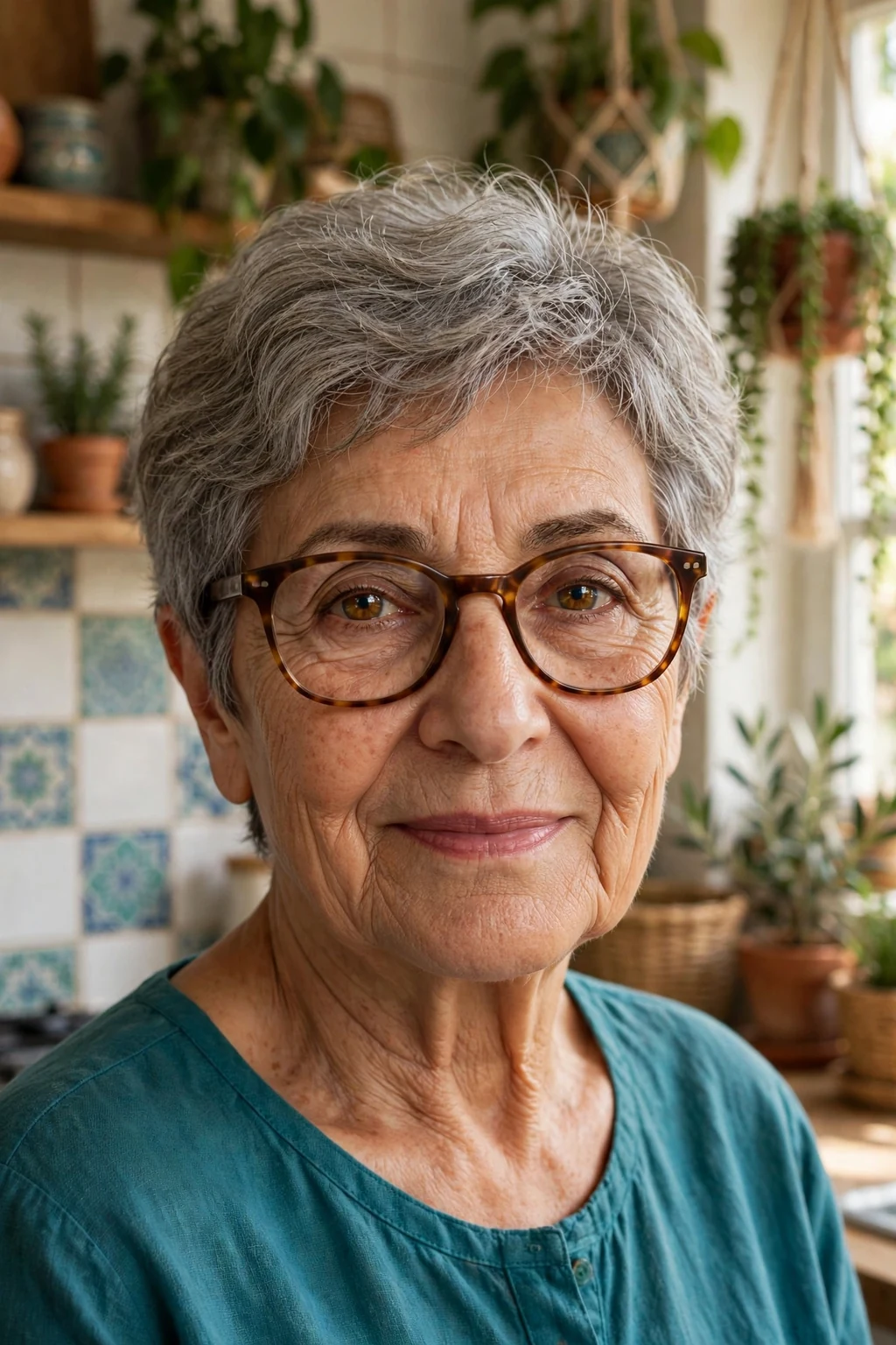 Elegant older woman over 70 with fine hair and glasses and bouncy short cut, soft full texture, joyful light.