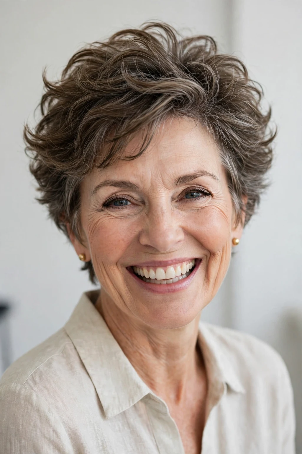 Elegant older woman over 50 with bouncy short cut, lively full texture, joyful light.