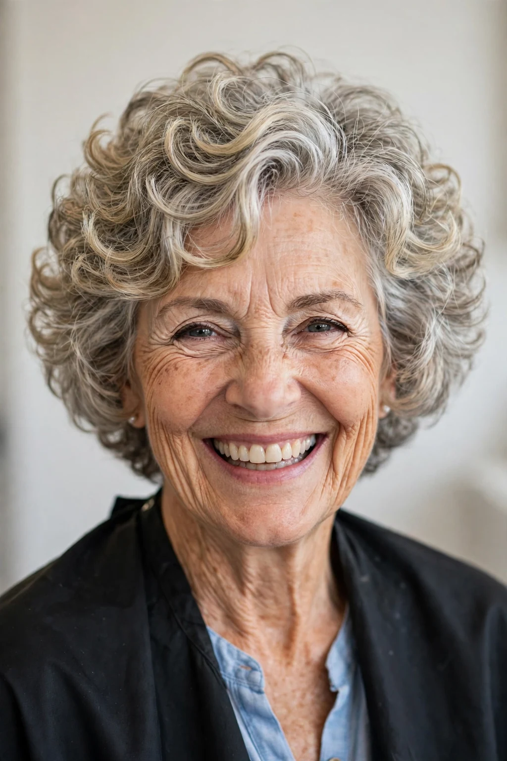 Elegant older woman over 60 with bouncy short cut, soft full texture, joyful light.