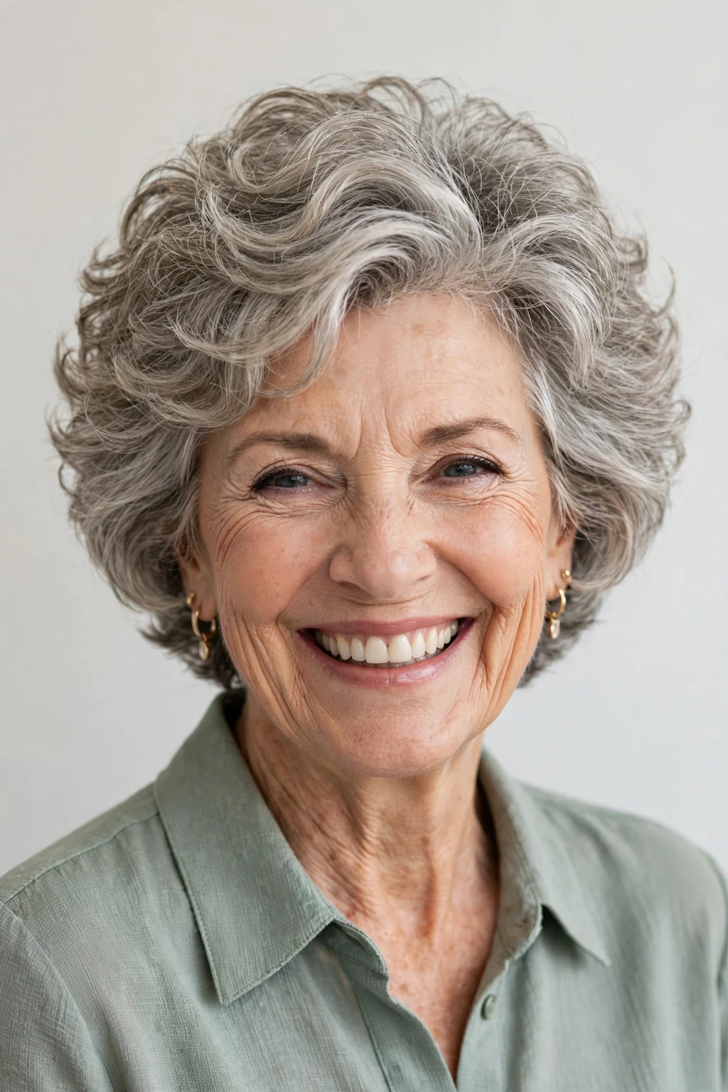 Elegant older woman with bouncy short cut, soft full texture, joyful light.