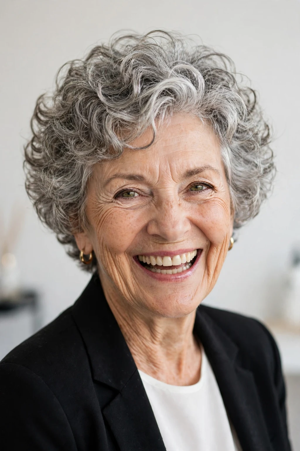 Elegant woman over 60 with bouncy short cut, lively full texture, joyful light.