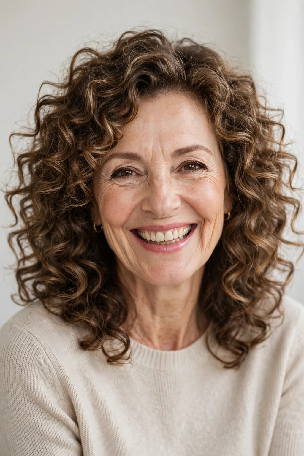 Elegant older woman with bouncy shoulder curls, joyful full curls, bright light.