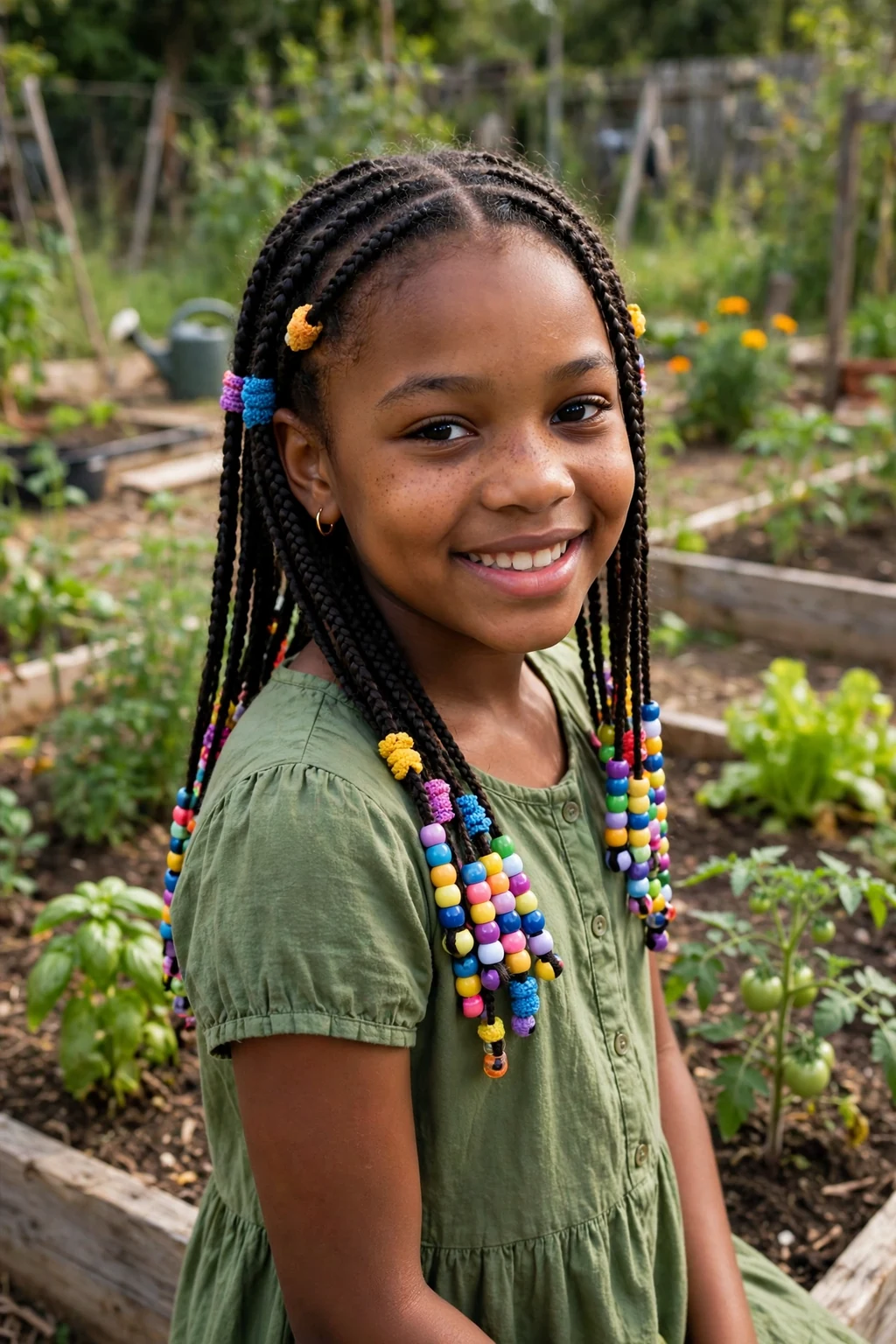 A proud young girl with box braids decorated with colourful beads, wearing a green dress in a community garden.