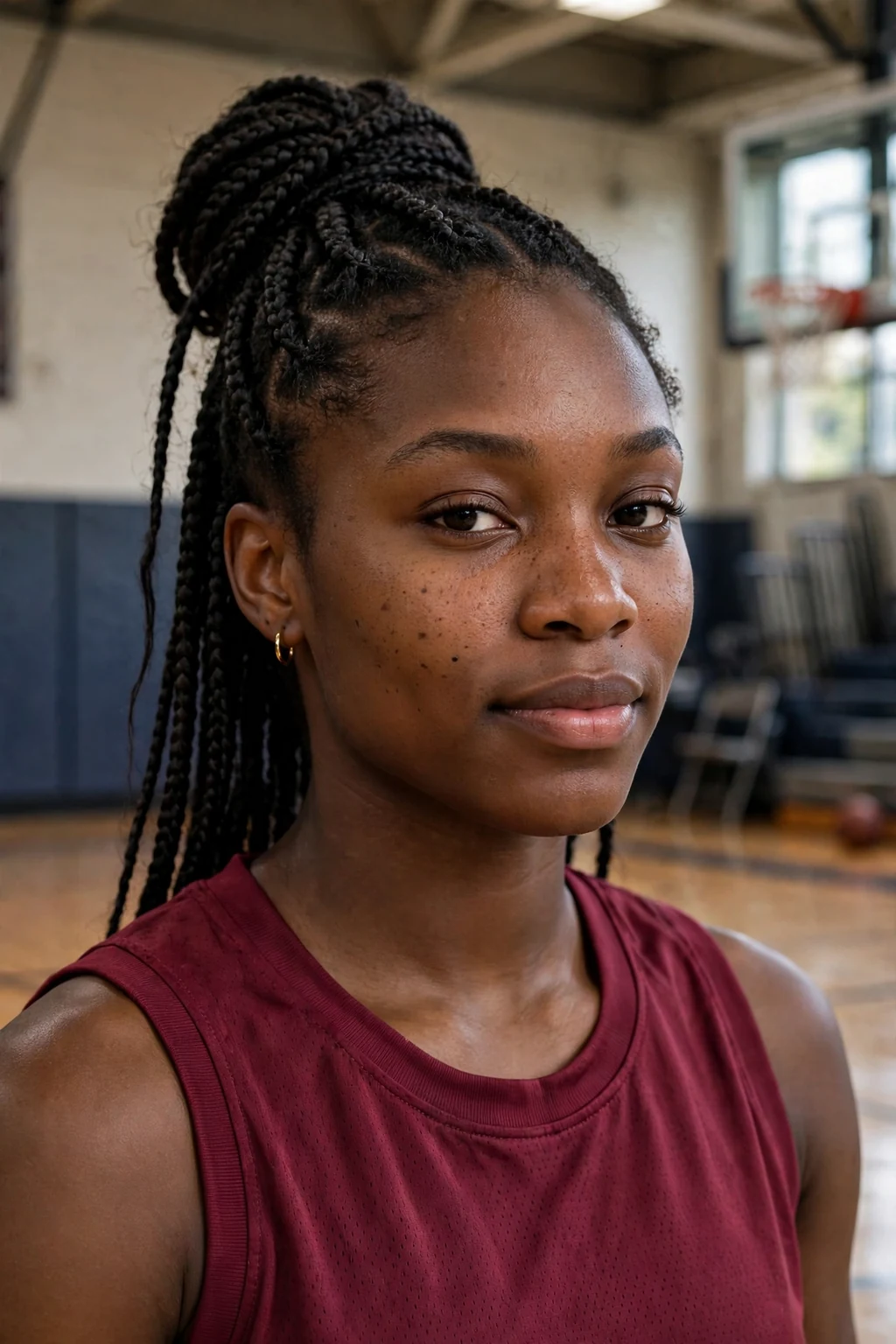 Young woman athlete with box braids in a high bun, wearing a maroon jersey.
