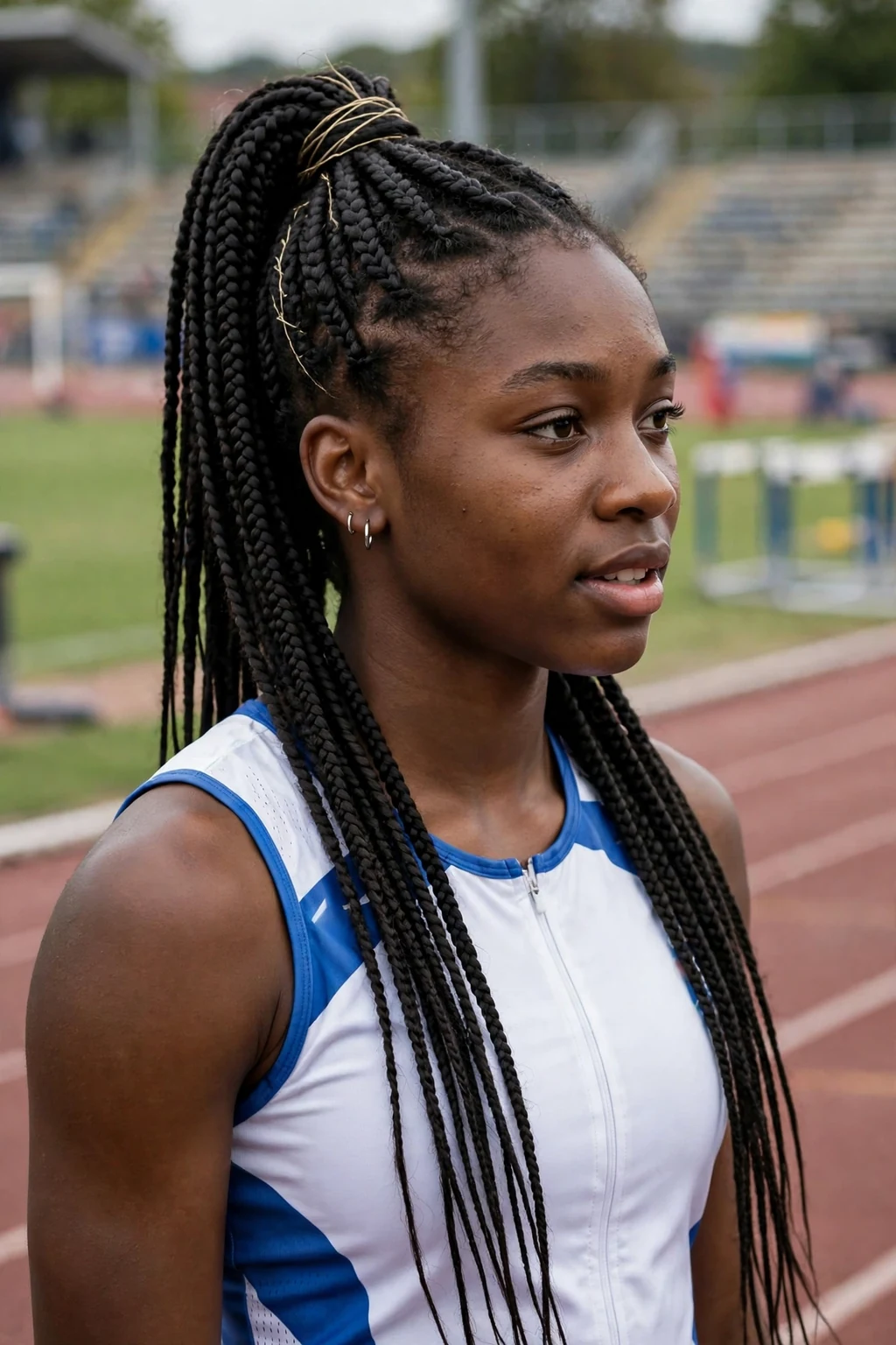A young woman athlete with a box braids ponytail on a track.