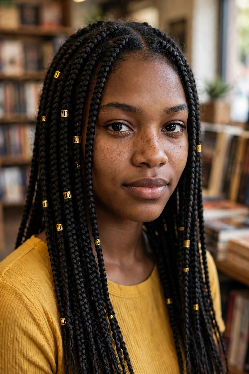 A young woman with long box braids and gold cuffs, wearing a mustard top in a bookstore.