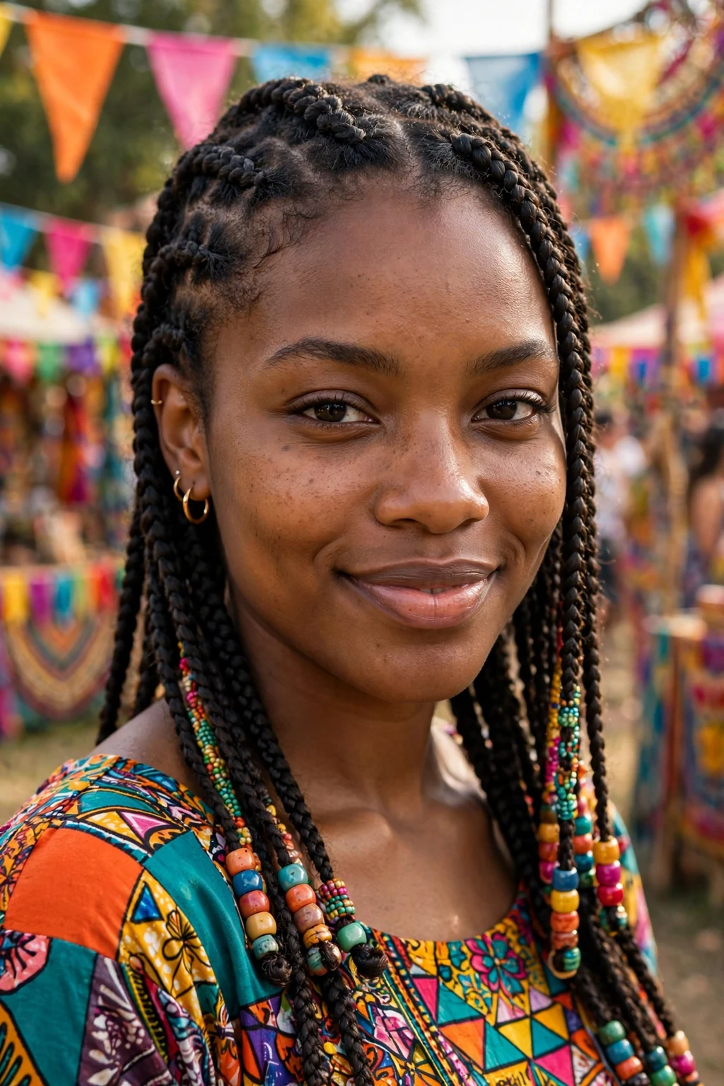 Beautiful woman with box braids, protective box braids, vibrant light.