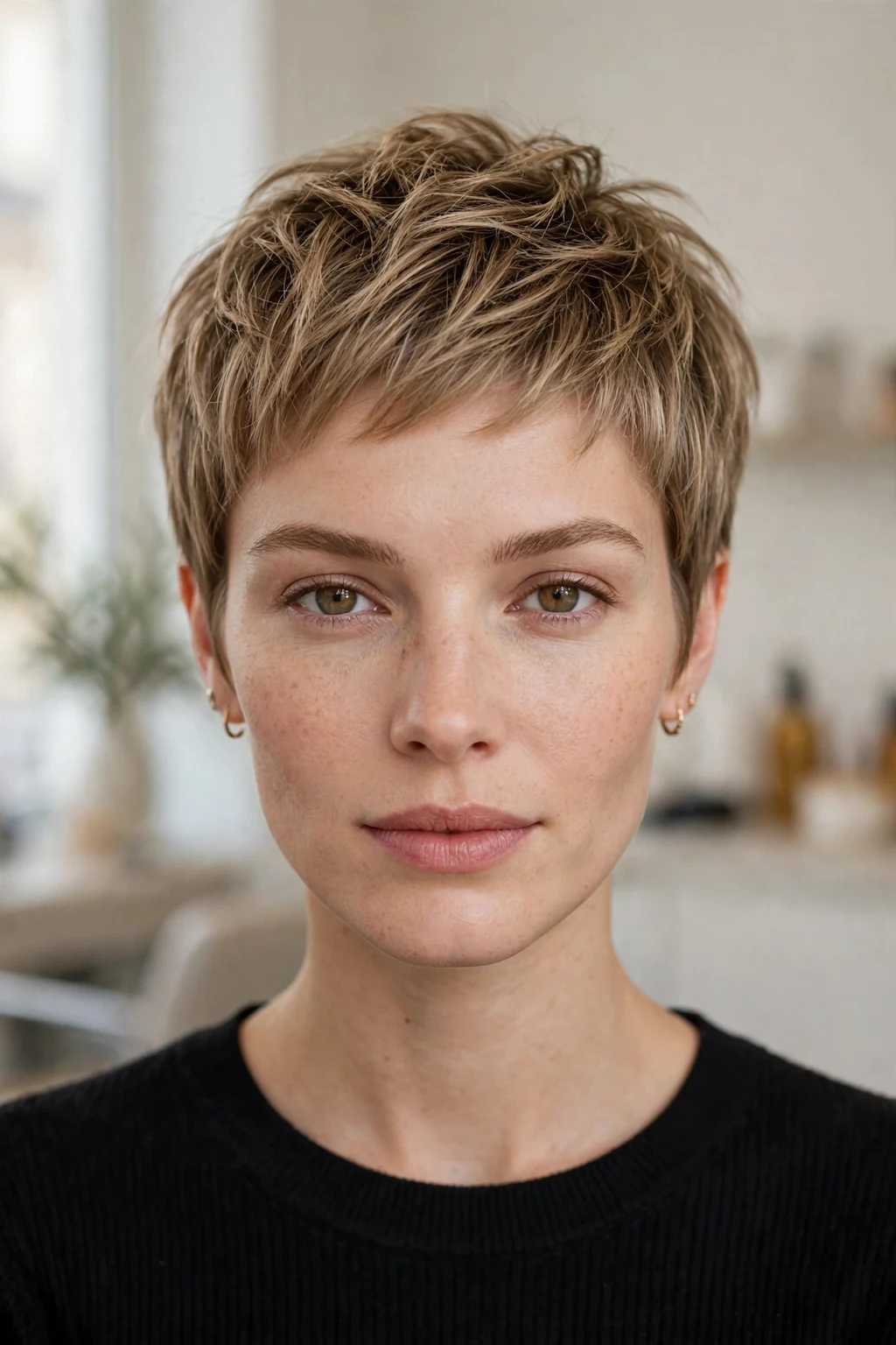 Woman with boyish pixie, gamine chic short cut, Parisian elegant light.