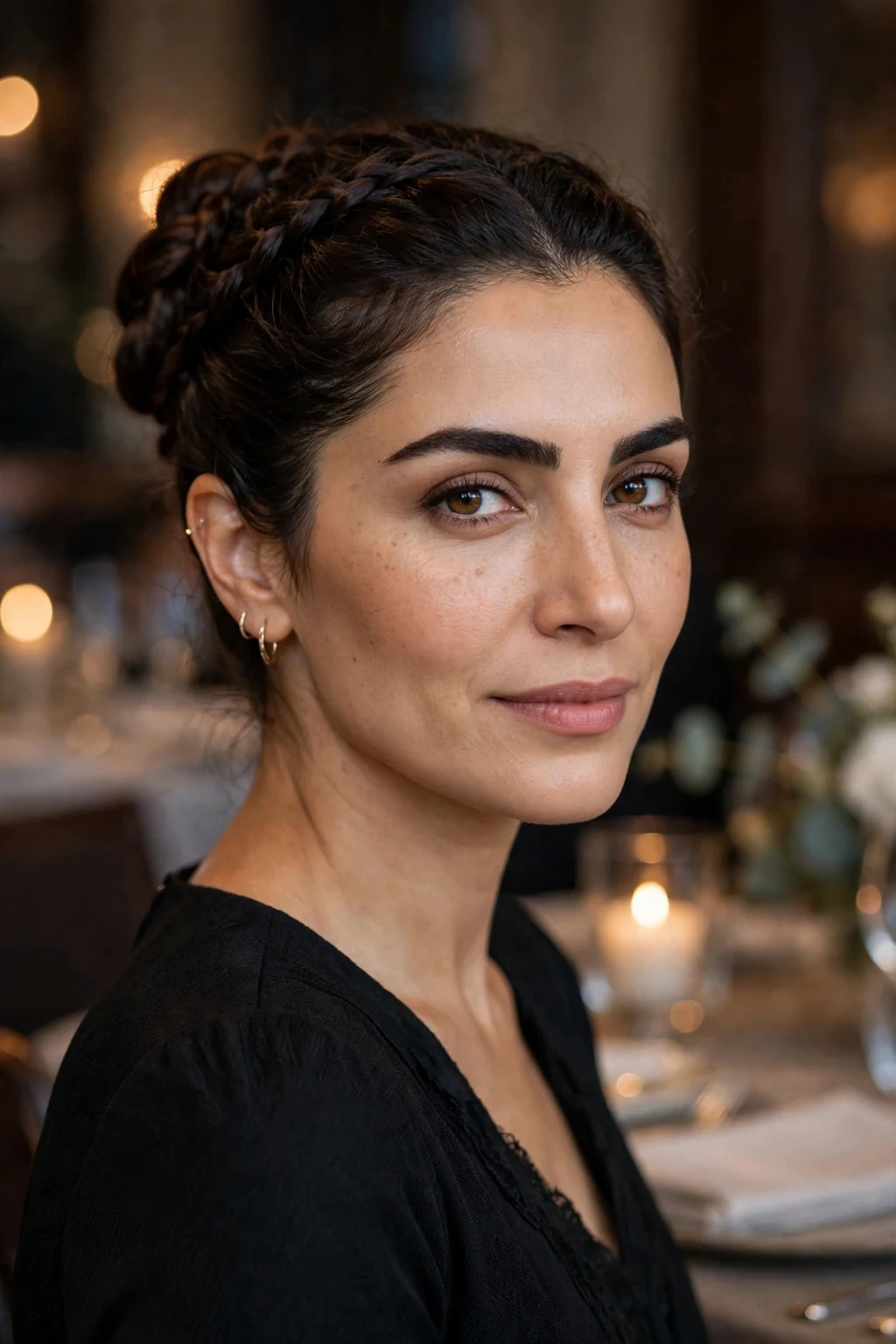 Beautiful woman with braided bun, elegant braided bun, refined light.