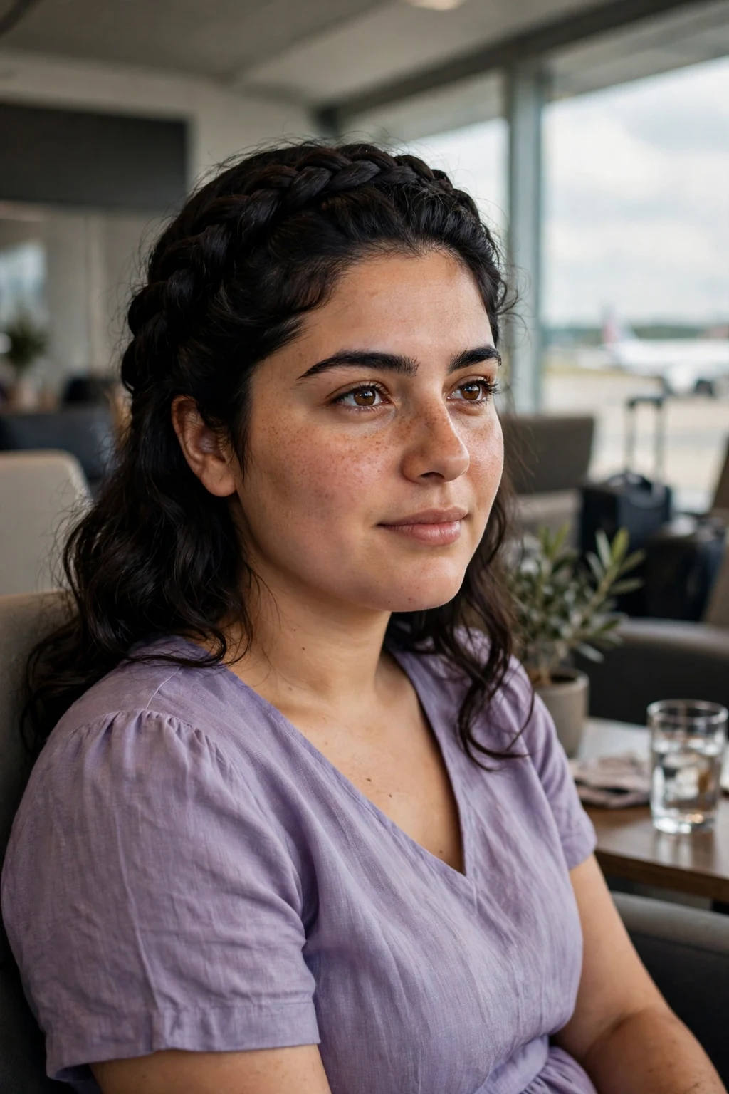 Young woman with a braided crown hairstyle at an airport lounge, wearing a lavender dress.