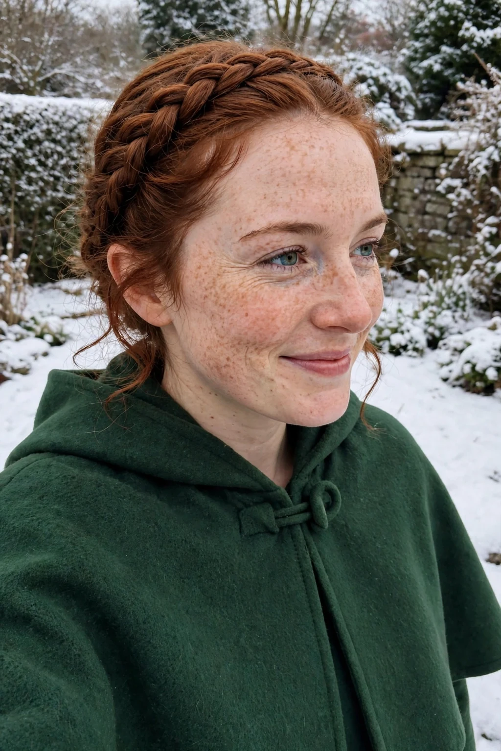 Young woman with a braided crown circling her head, wearing a forest green cape coat in a snowy garden.
