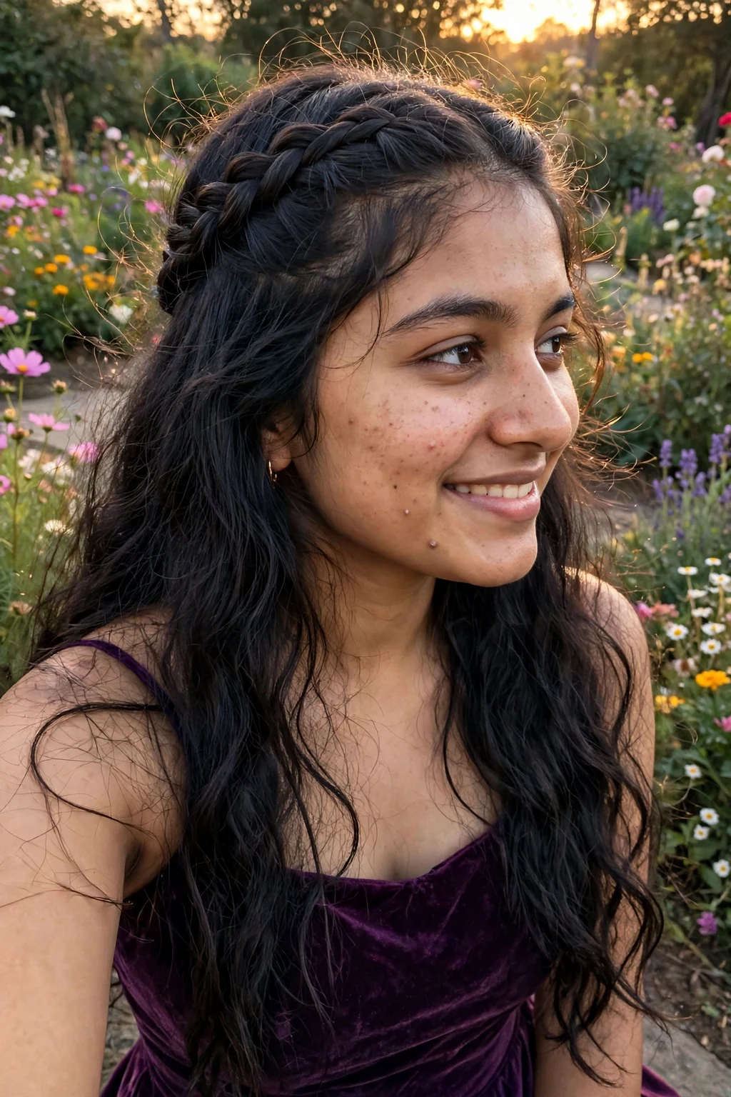 A young woman with long wavy hair and a braided crown across the top of her head.