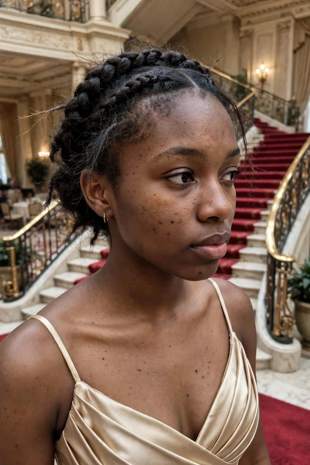 Young woman aged 18 to 20 with braided crown for short hair hairstyle for prom, a grand staircase in a hotel ballroom.