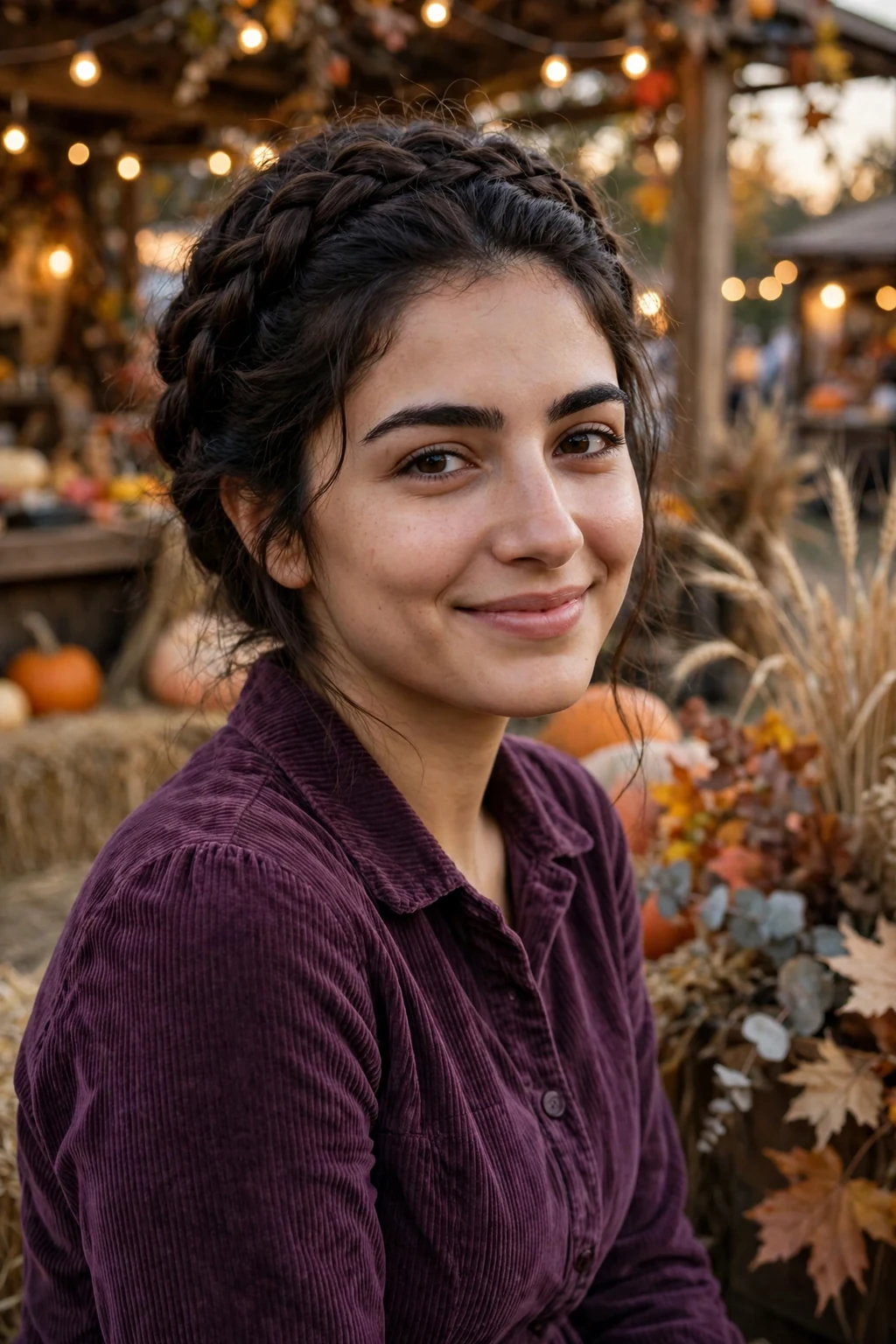 Young woman with a braided crown updo hairstyle at a harvest festival.