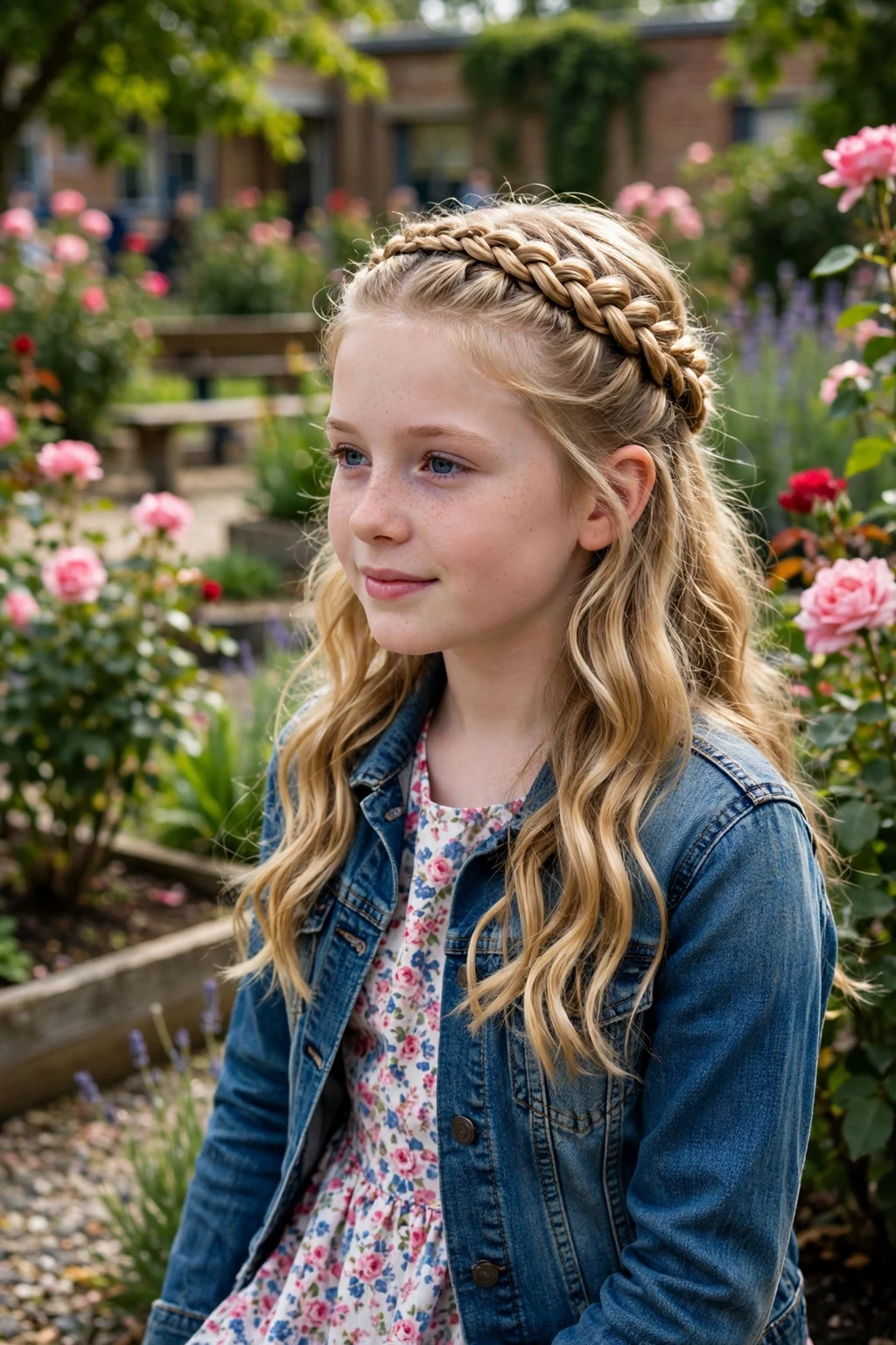 A schoolgirl with a braided crown updo and a floral dress in a garden.