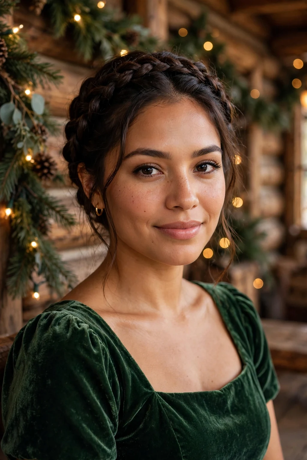 Young woman with a braided crown updo at a winter formal celebration.