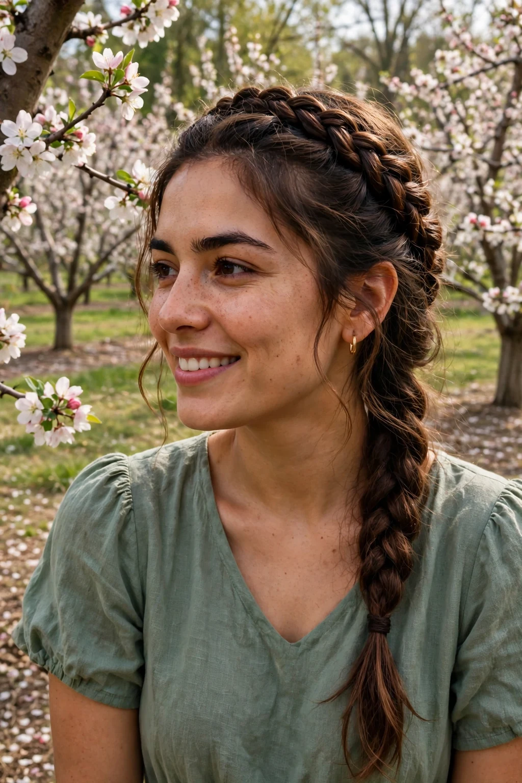 Young woman with a braided crown updo and woven texture, in a blooming orchard wearing a sage green dress.