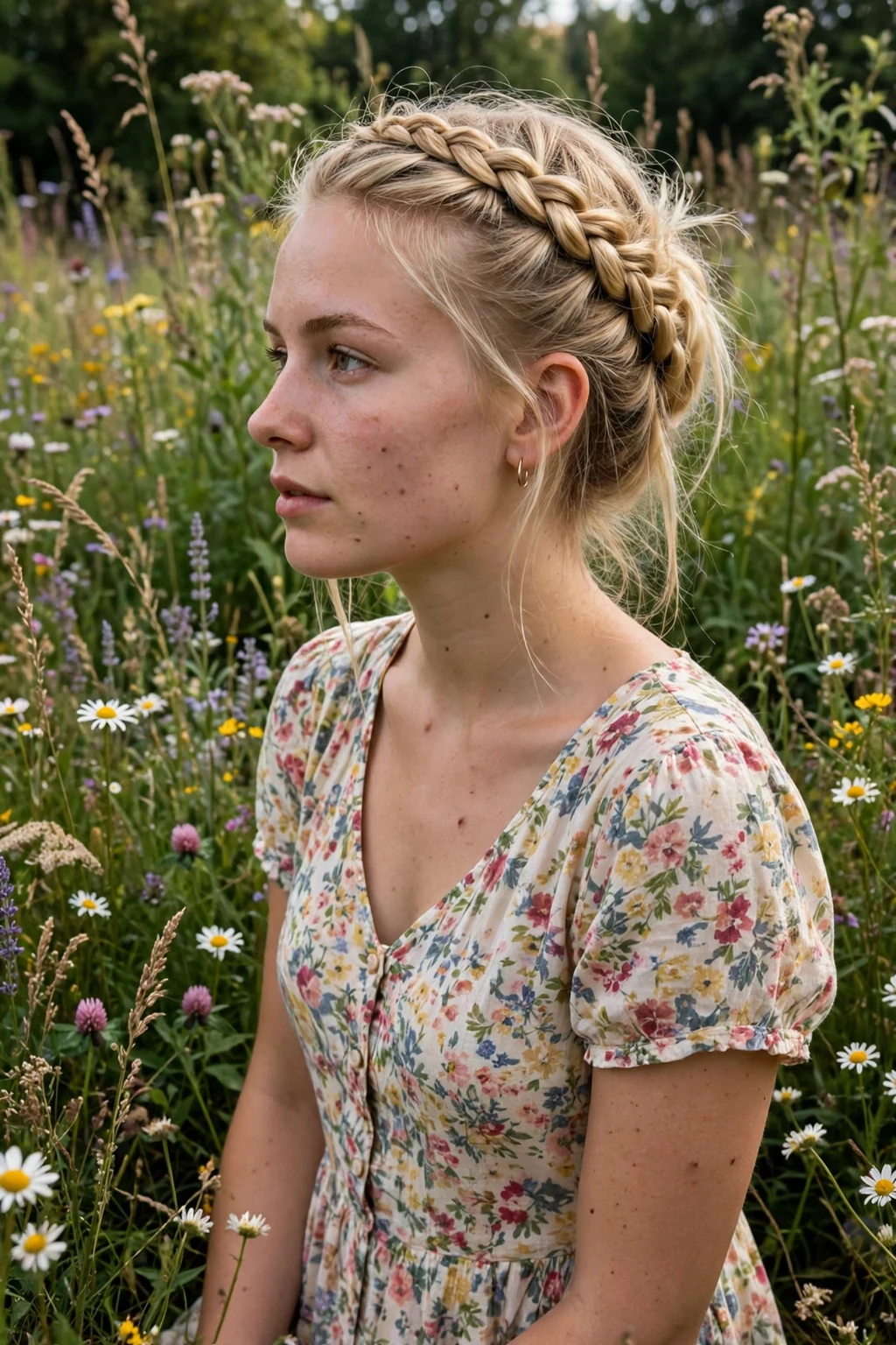 A young woman with a braided crown updo wrapped around her head, romantic bohemian finish, in a garden setting.