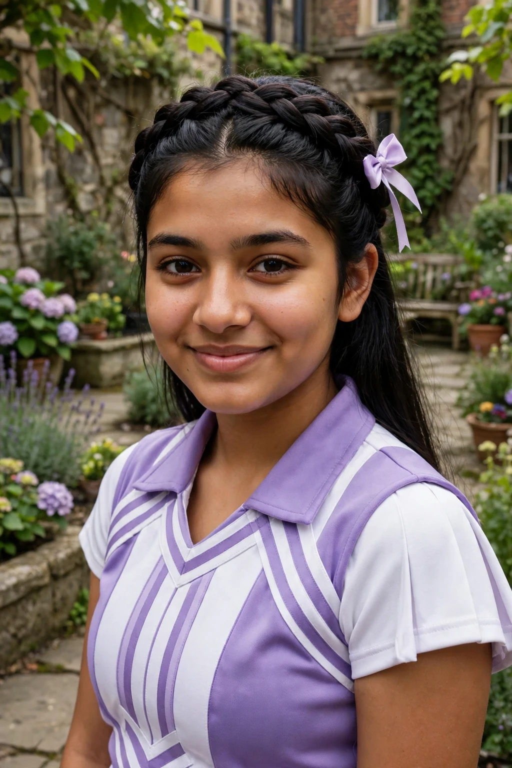 Young cheerleader with a braided crown and a small lilac bow, in a garden courtyard near school.