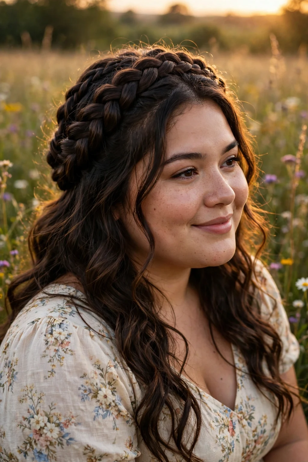 Plus-size Hispanic woman in her twenties with a braided crown and loose waves, wearing a cream floral dress in a meadow at golden hour.