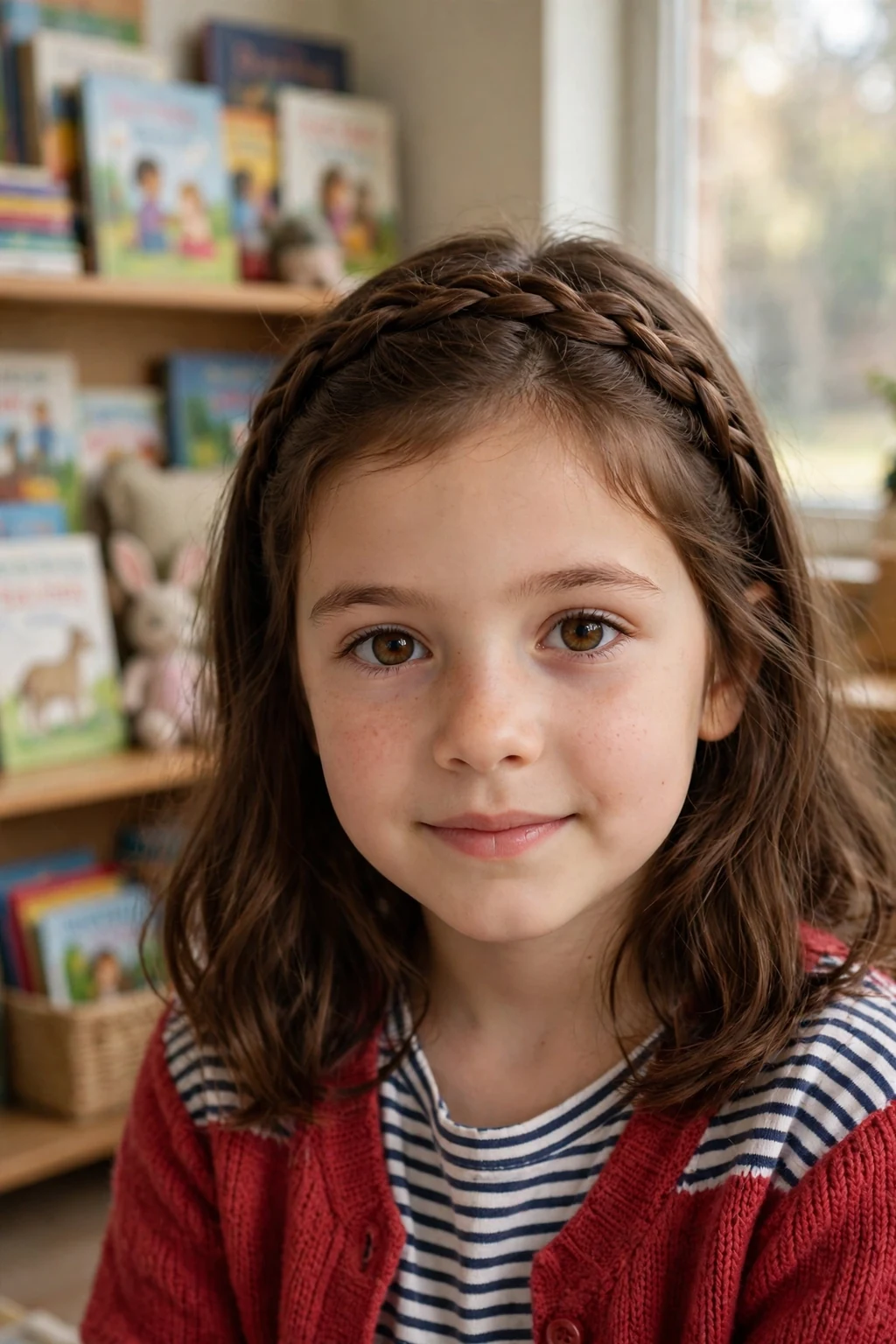 A young girl with a braided headband hairstyle smiling for her school picture.