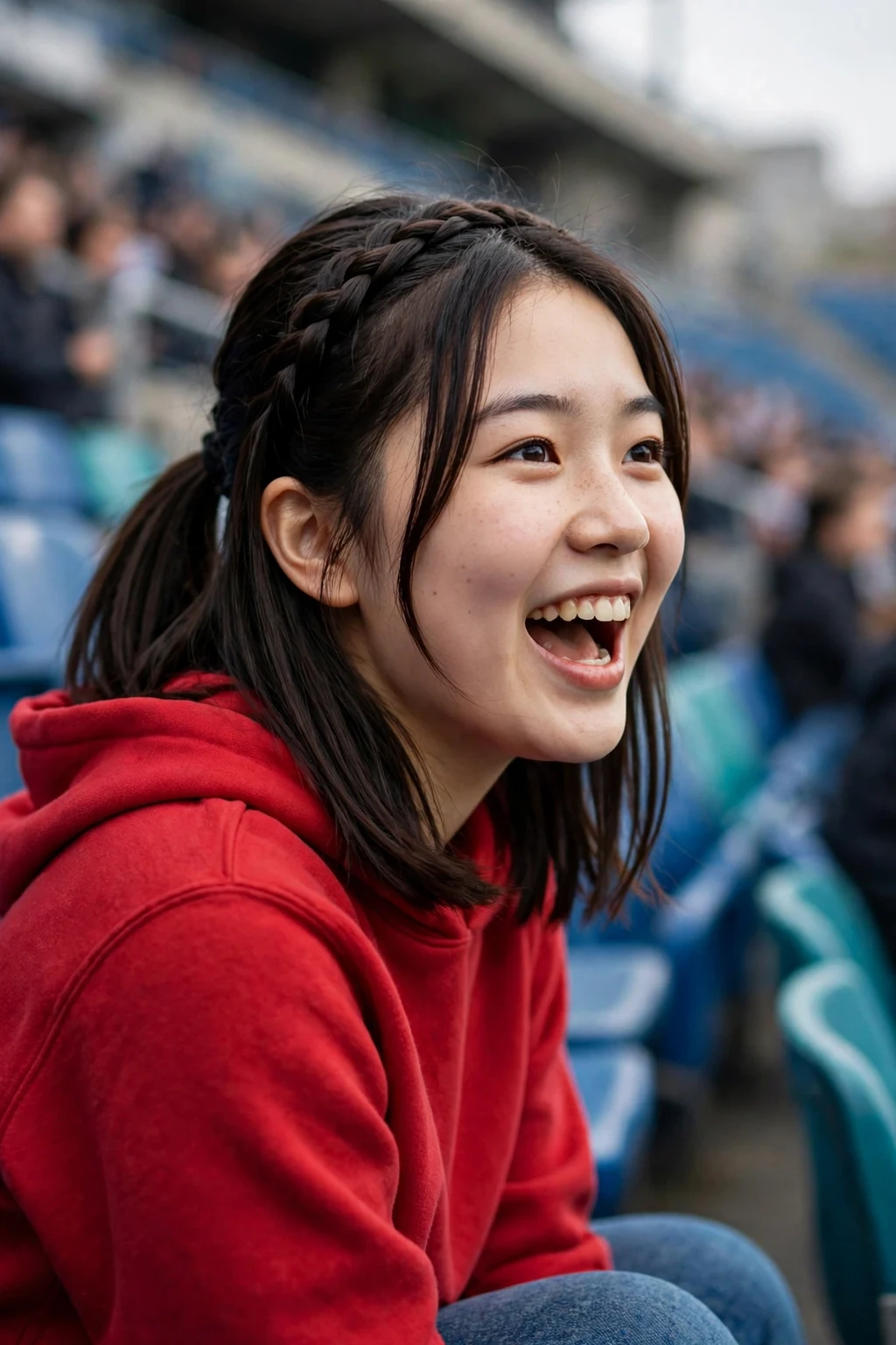 Young woman cheering in stadium stands with a braided headband and high ponytail.