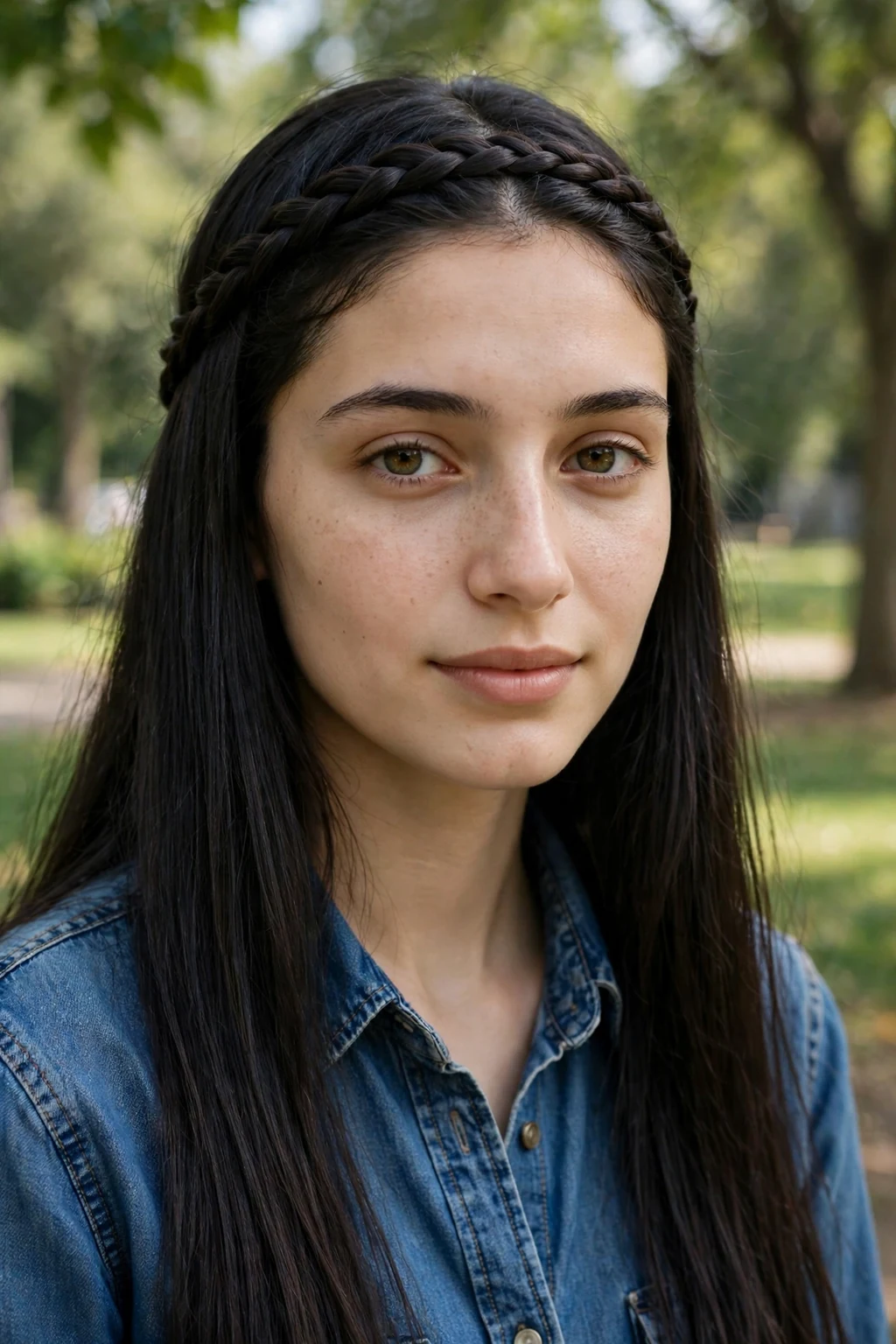 A young woman with a braided headband across her forehead, wearing a denim shirt in a park.