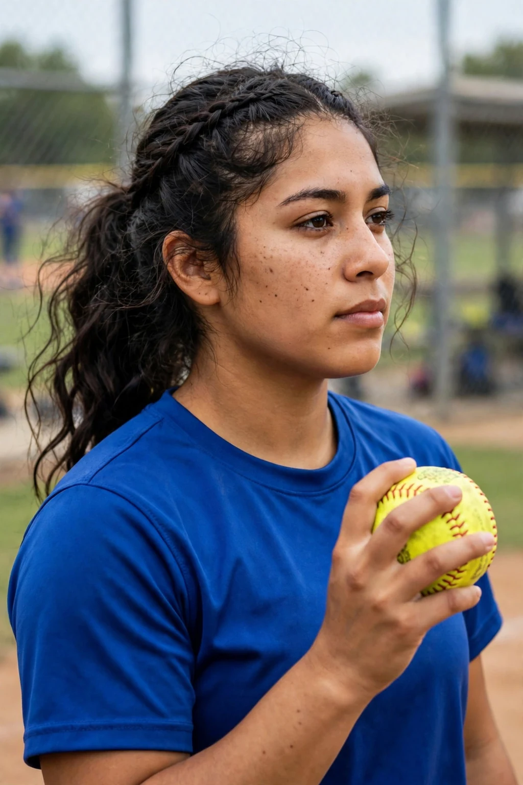 Young softball player with a braided headband and ponytail, warming up with a ball.