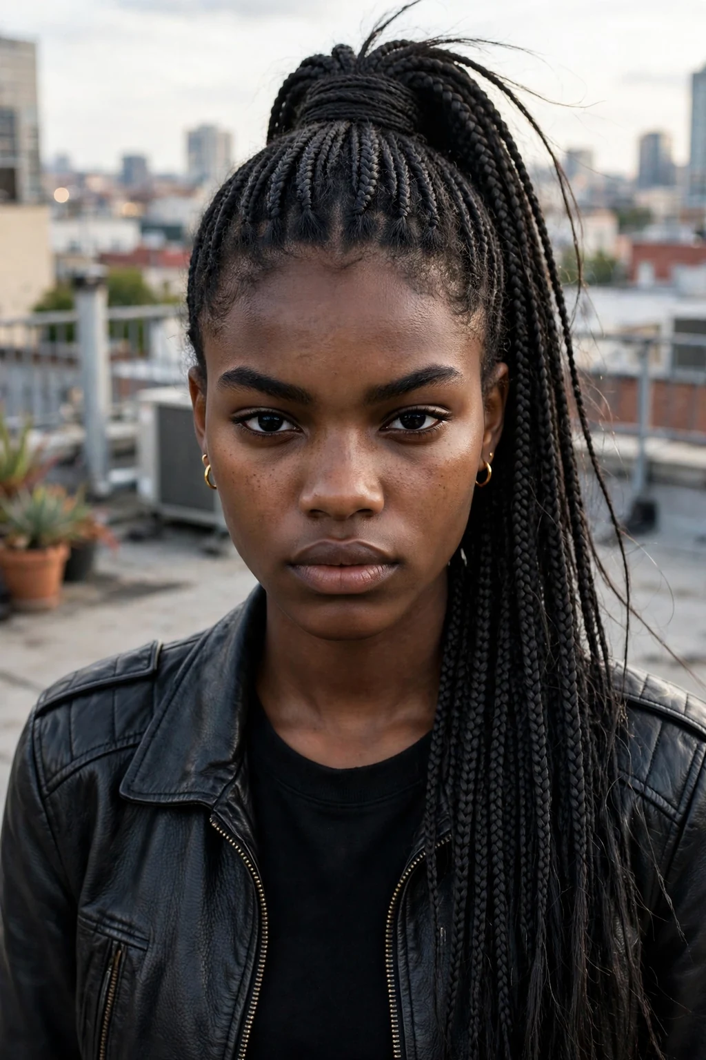 A young woman with a high ponytail wrapped in a braid, wearing a black leather jacket on a city rooftop.