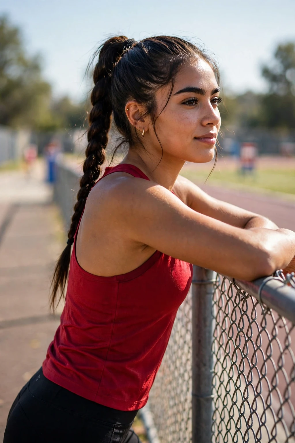 A young woman athlete with a braided high ponytail on a track.