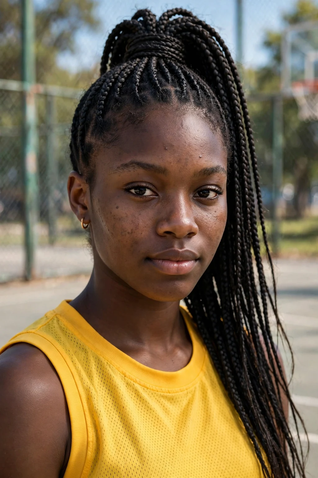 Young woman athlete with a braided high ponytail, wearing a yellow jersey.