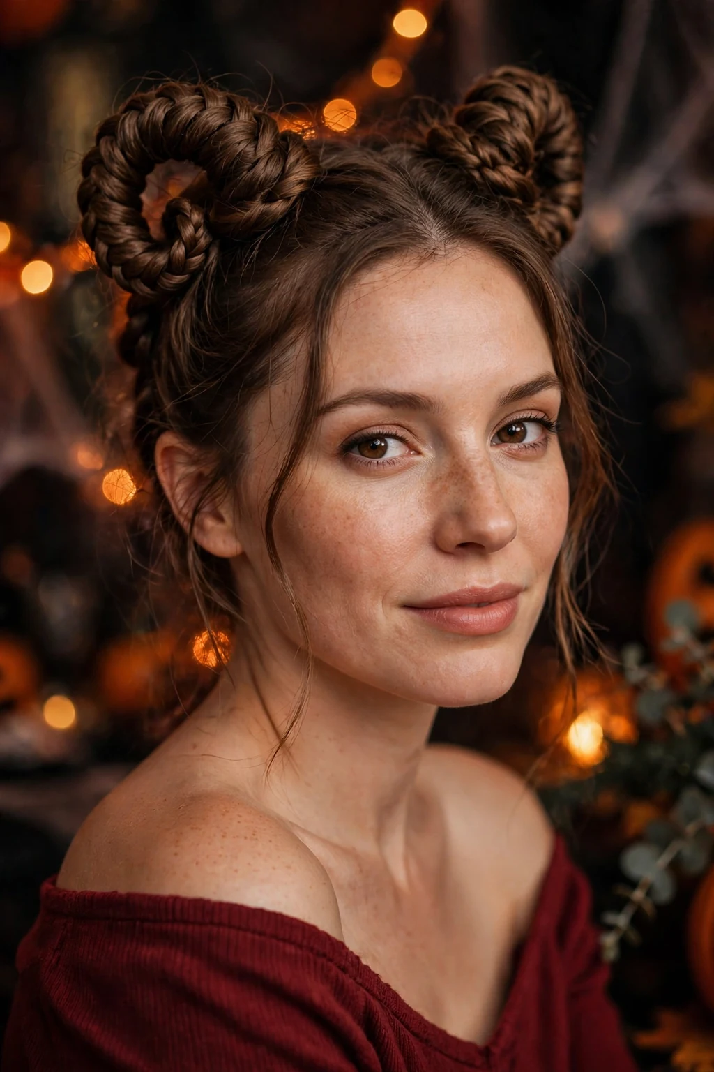 Young woman with braided horns coiled on top of her head like a demon costume.
