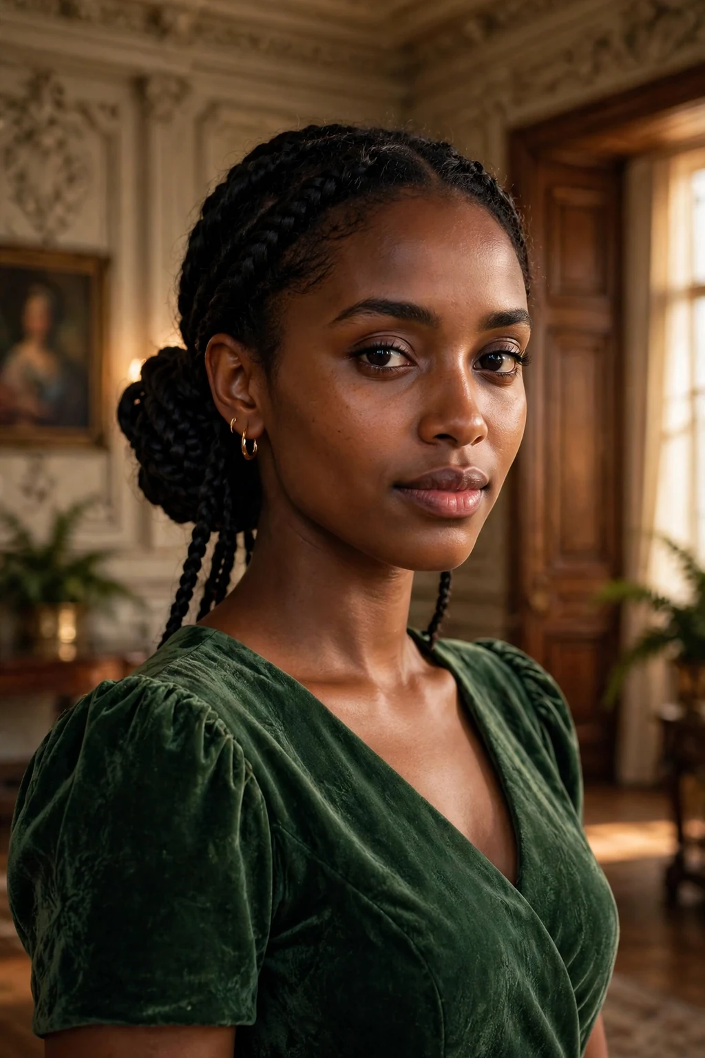 Young woman with a braided low bun hairstyle at a wedding, wearing a forest green dress.