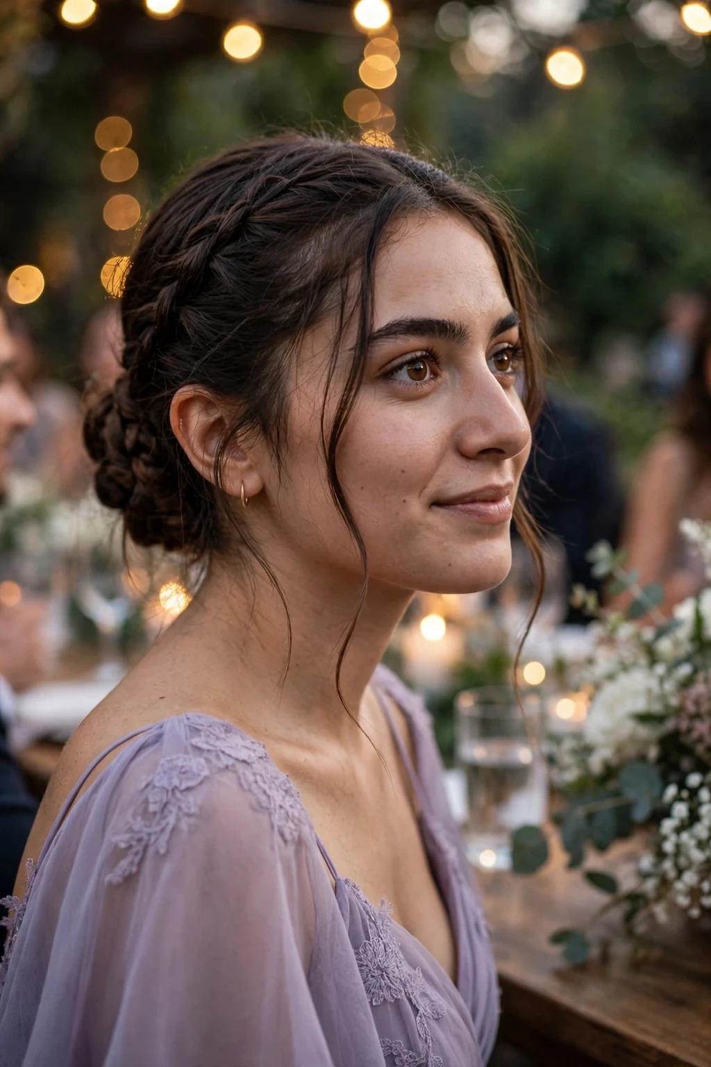 Young woman with a braided low bun at a wedding party, wearing a lavender dress.
