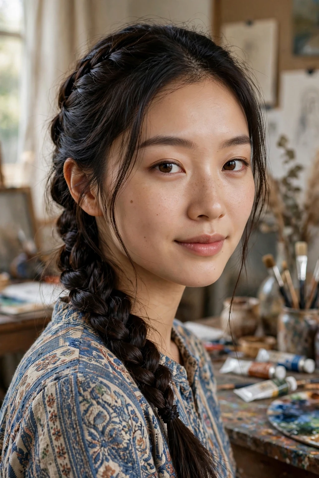 Beautiful woman with low pony with braid, intricate braided low pony, detailed light.