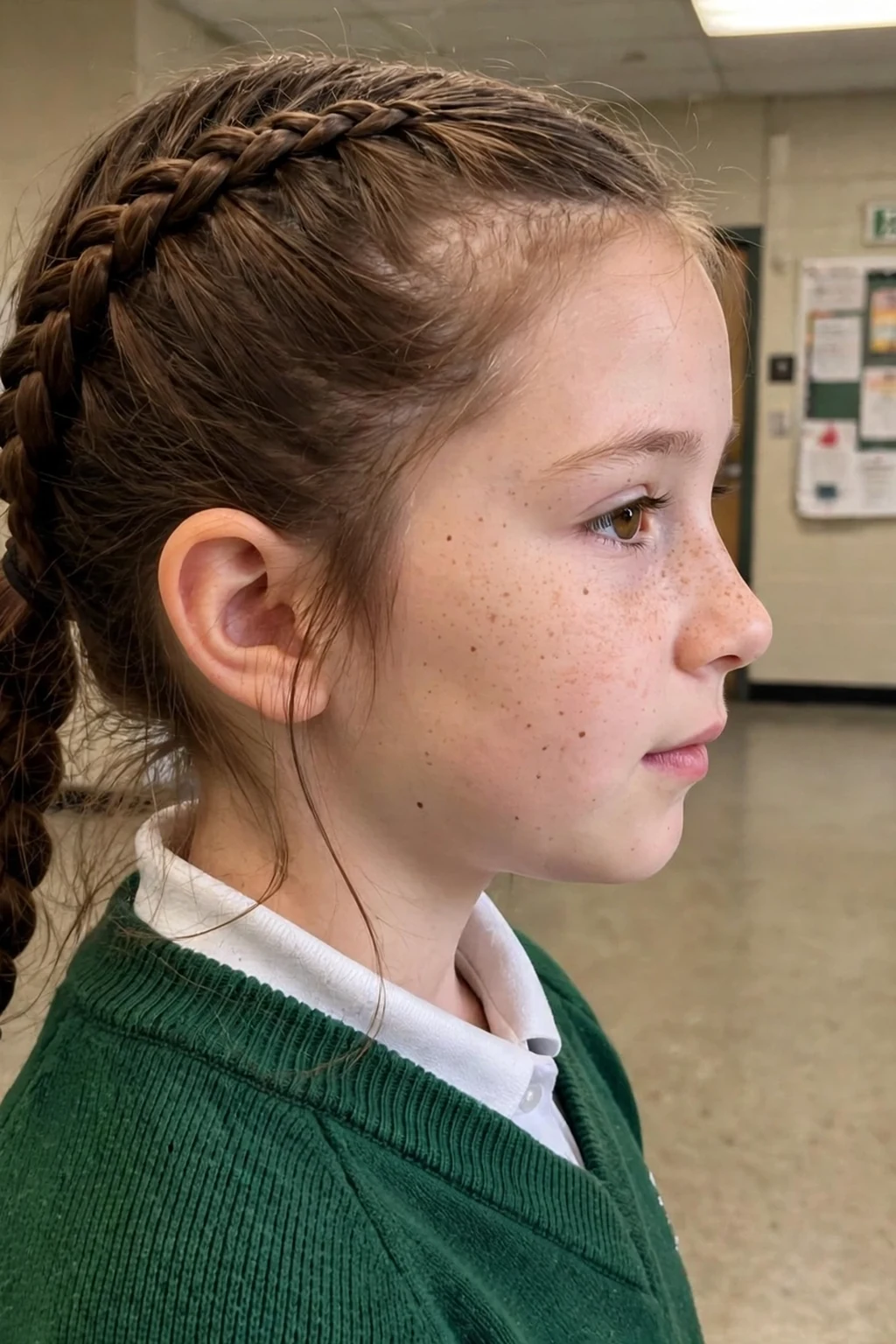 A young girl with a braided low ponytail and a sleek crown, standing in a school hallway.