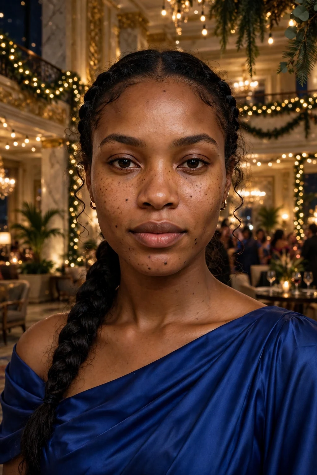 Young Nigerian woman with a braided low ponytail wearing a royal blue gown at a hotel lobby party.