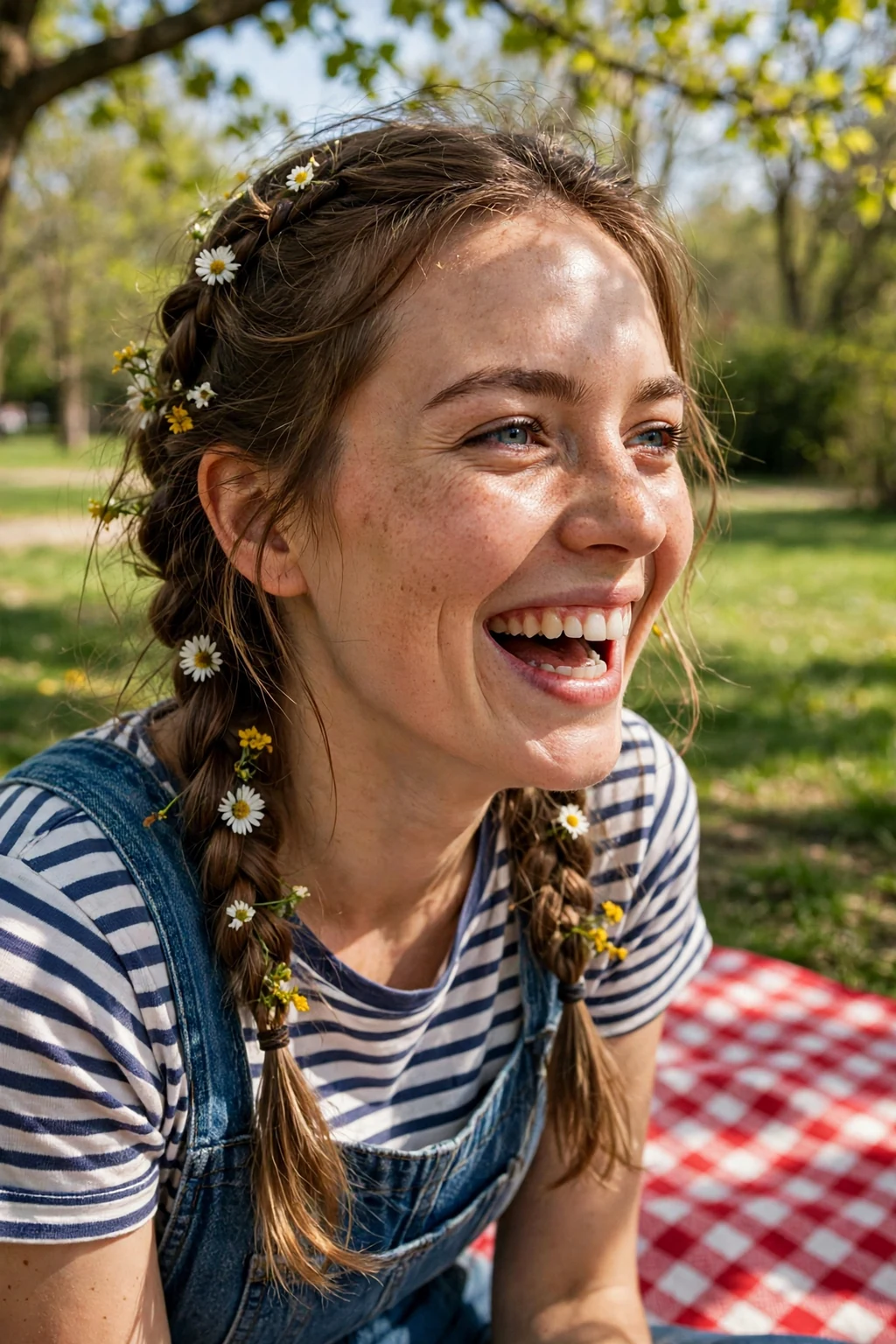 A young woman with braided pigtails decorated with tiny flowers, at a spring picnic wearing denim overalls.