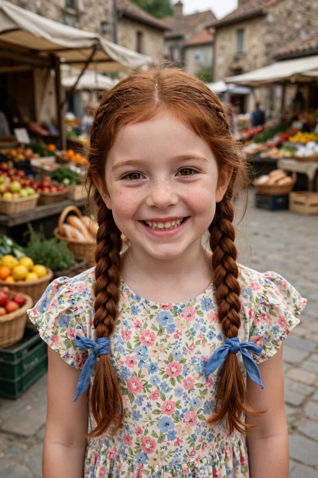 A happy young girl with braided pigtails tied with ribbons, wearing a floral dress in a village square.