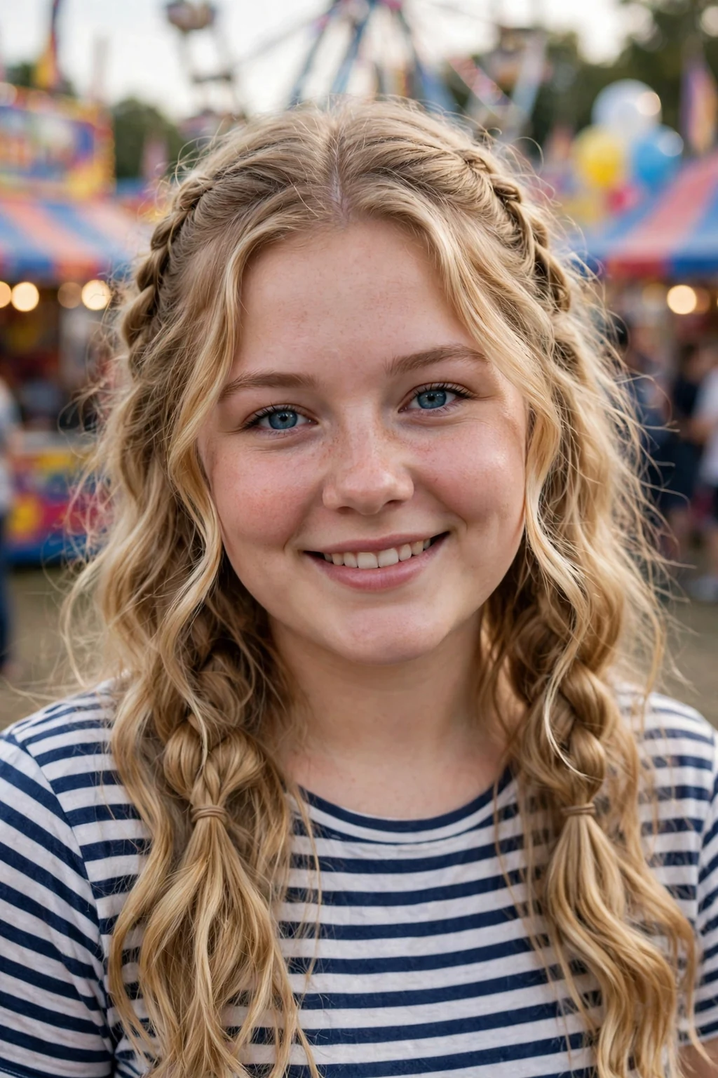 A young woman with two braided pigtails, wearing a striped top at a county fair.