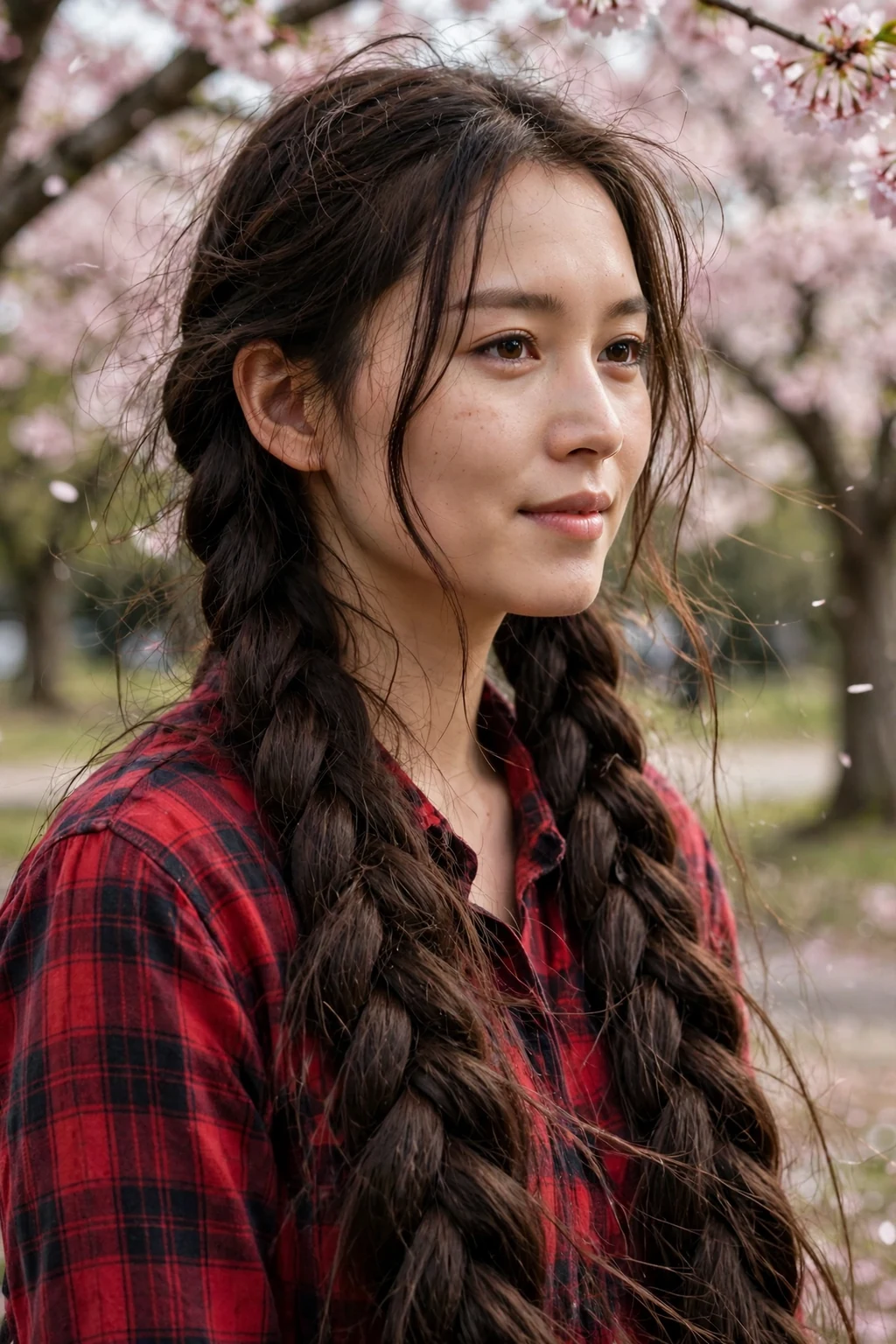 A young Japanese woman in her late 20s with very long dark brown hair in braided pigtails, wearing a red plaid shirt in a cherry blossom park.