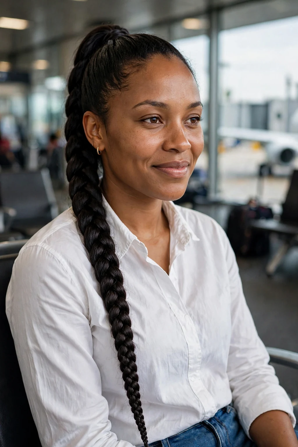 Young woman with a braided ponytail hairstyle at an airport gate, wearing a white shirt and blue jeans.