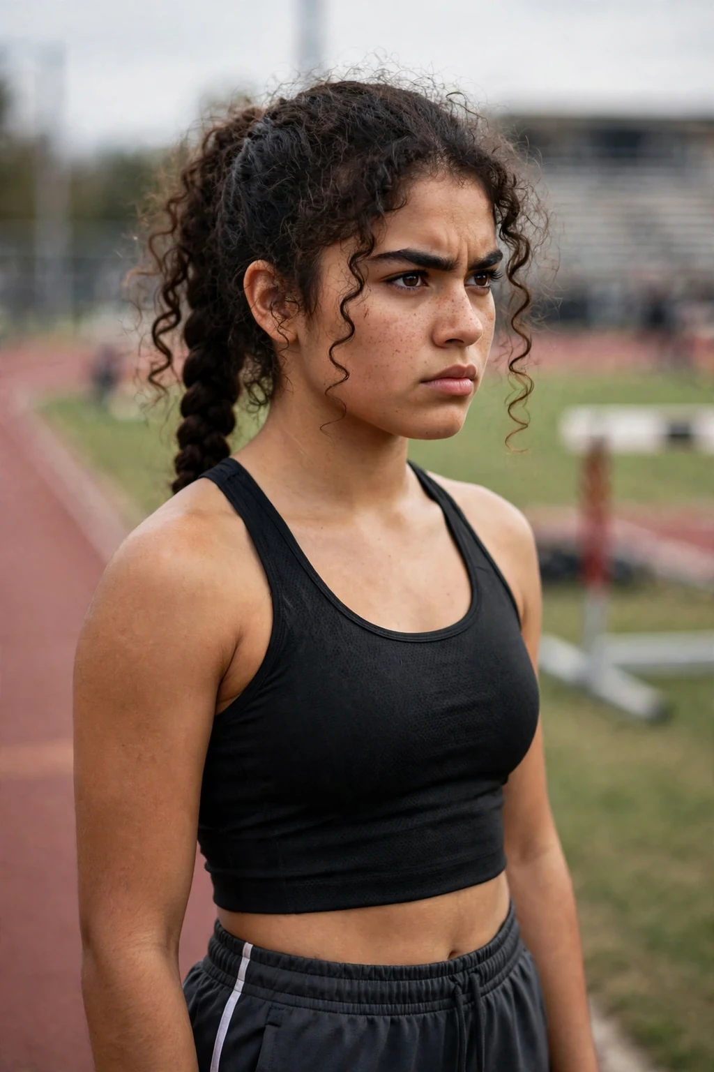 Young woman running drills on a track in athletic wear with a long braided ponytail.