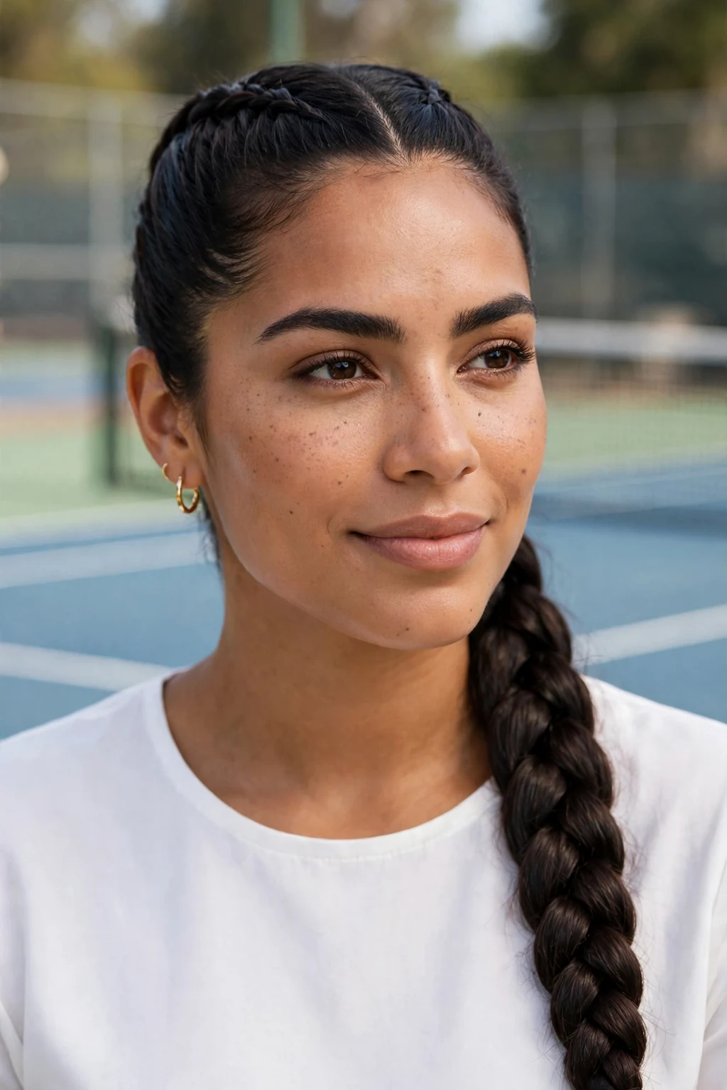 Beautiful woman with braided ponytail, sleek braided ponytail, polished light.