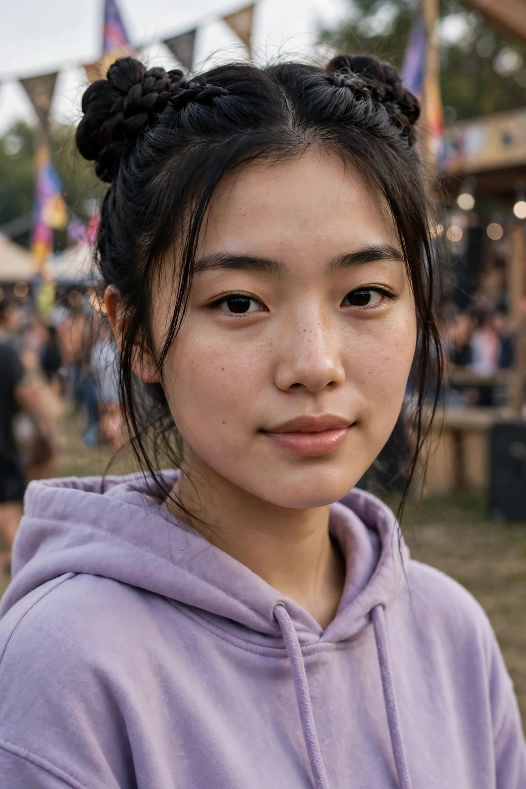 A young woman with braided space buns, wearing a lavender hoodie at a music festival.