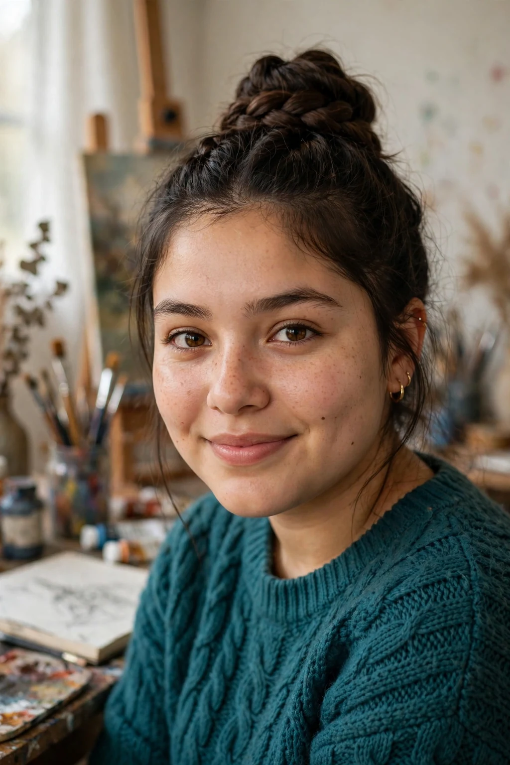 A young woman with a braided top knot, wearing a teal sweater in an art studio.