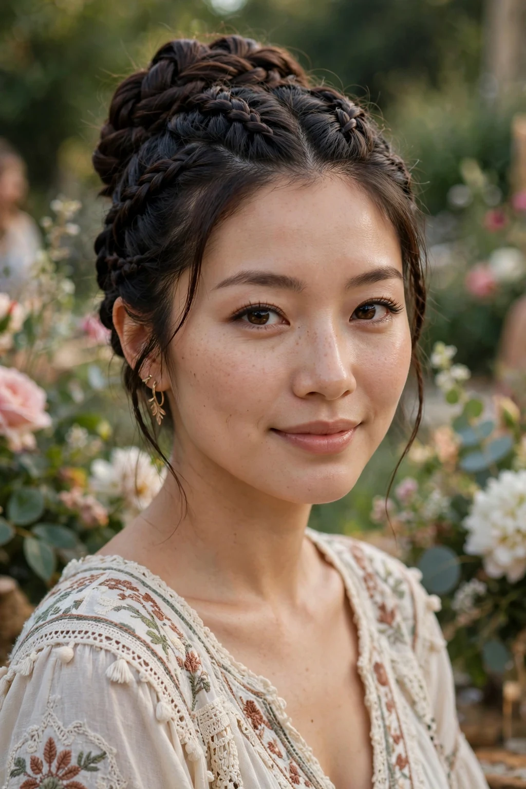 Beautiful woman with braided updo, intricate braided updo, detailed light.