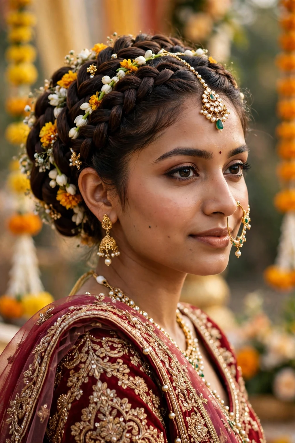 Beautiful bride with braided updo, intricate braided updo, detailed light.