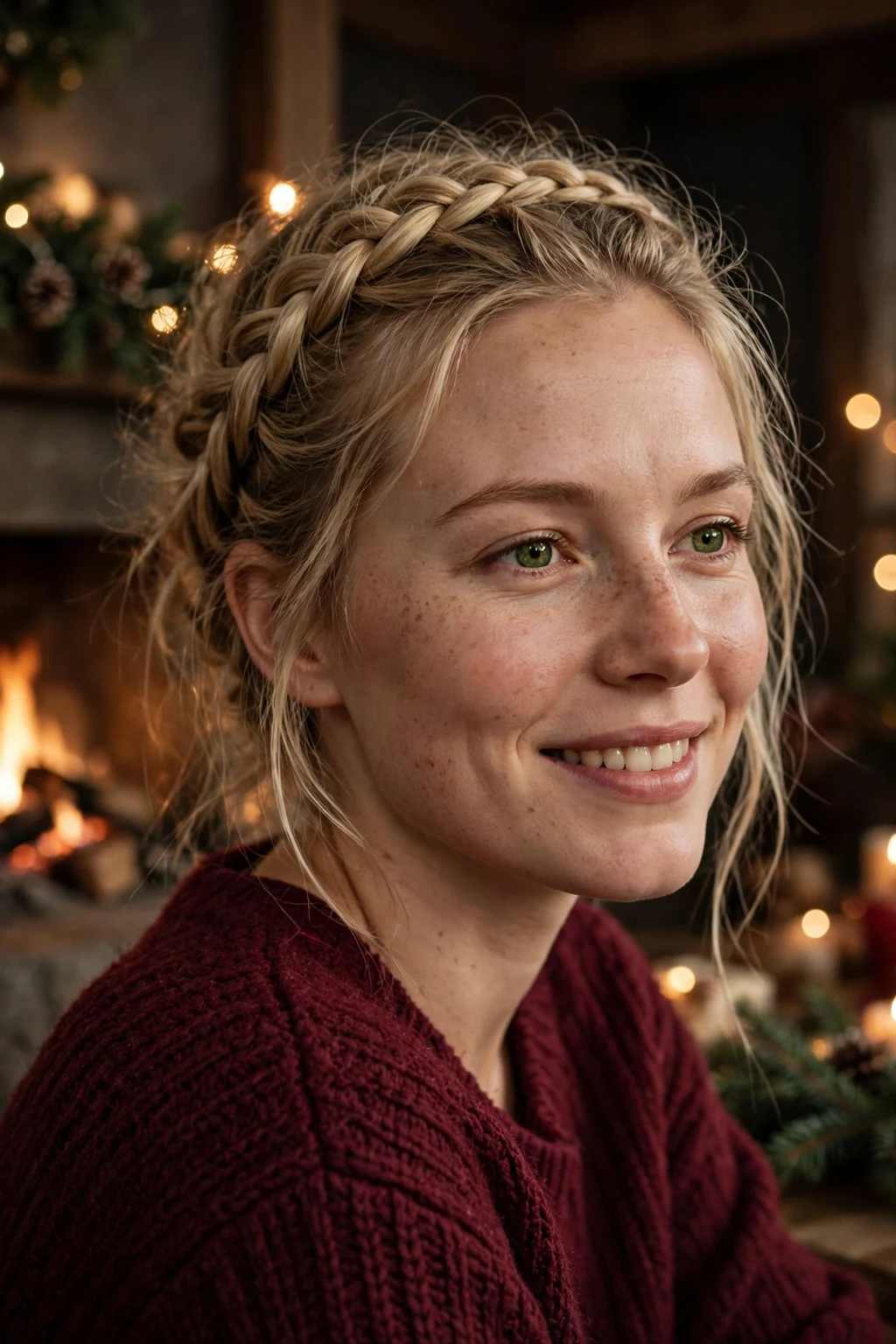 Young woman with a braided winter crown hairstyle, wearing a burgundy sweater at a holiday gathering.